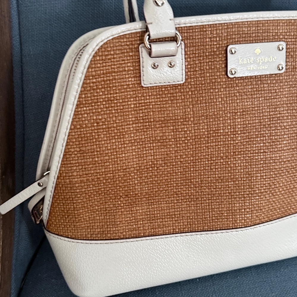 Kate Spade WOVEN Lotty Dome Satchel IVORY Leather & Brown Woven Straw panel EUC - Picture 8 of 15